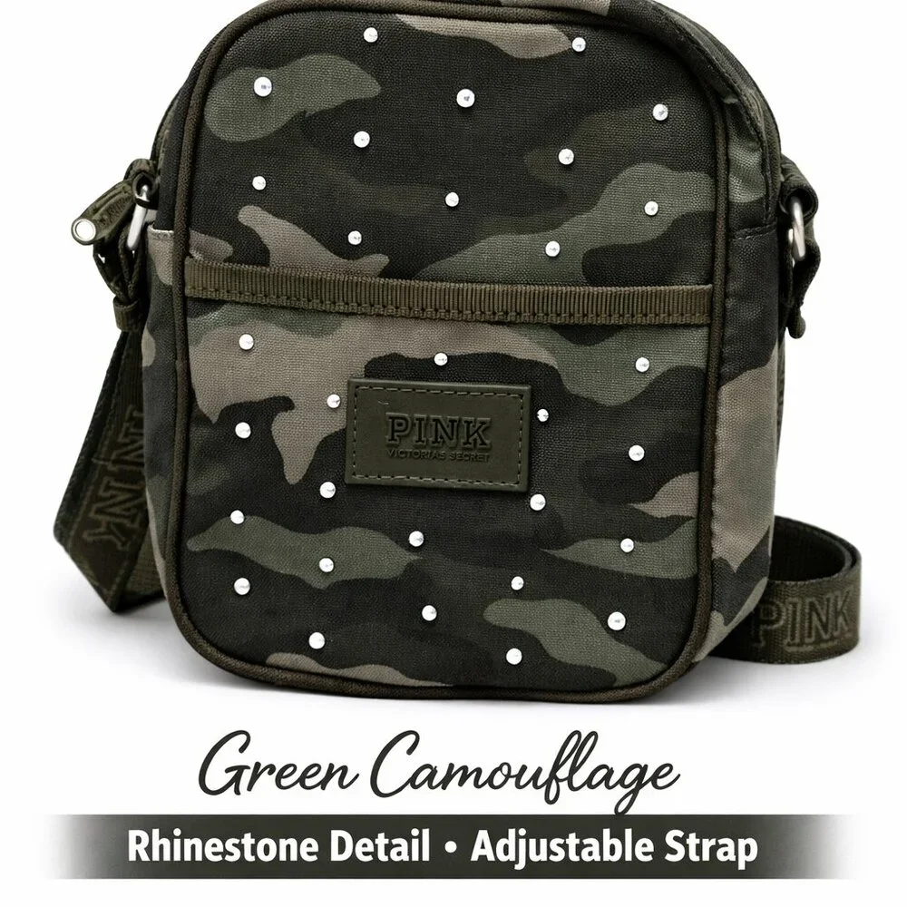 PINK Victoria’s Secret Camo Rhinestone Crossbody Bag Green Studded Mini Purse - Picture 3 of 10